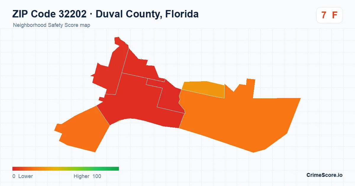 ZIP Code 32202 in Duval County, Florida neighborhood Safety Score map