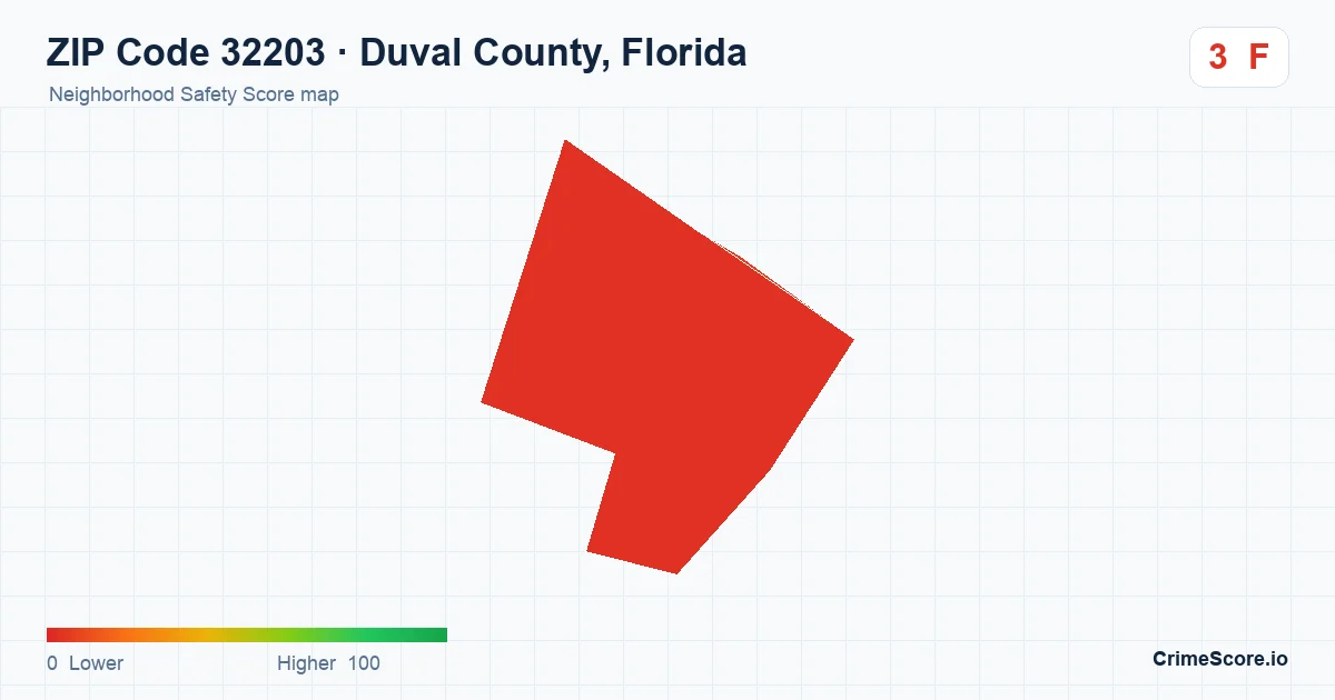 ZIP Code 32203 in Duval County, Florida neighborhood Safety Score map