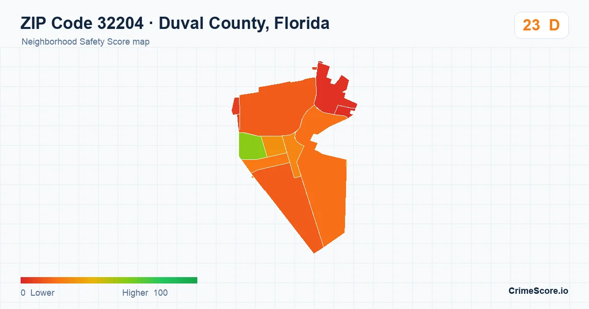 ZIP Code 32204 in Duval County, Florida neighborhood Safety Score map