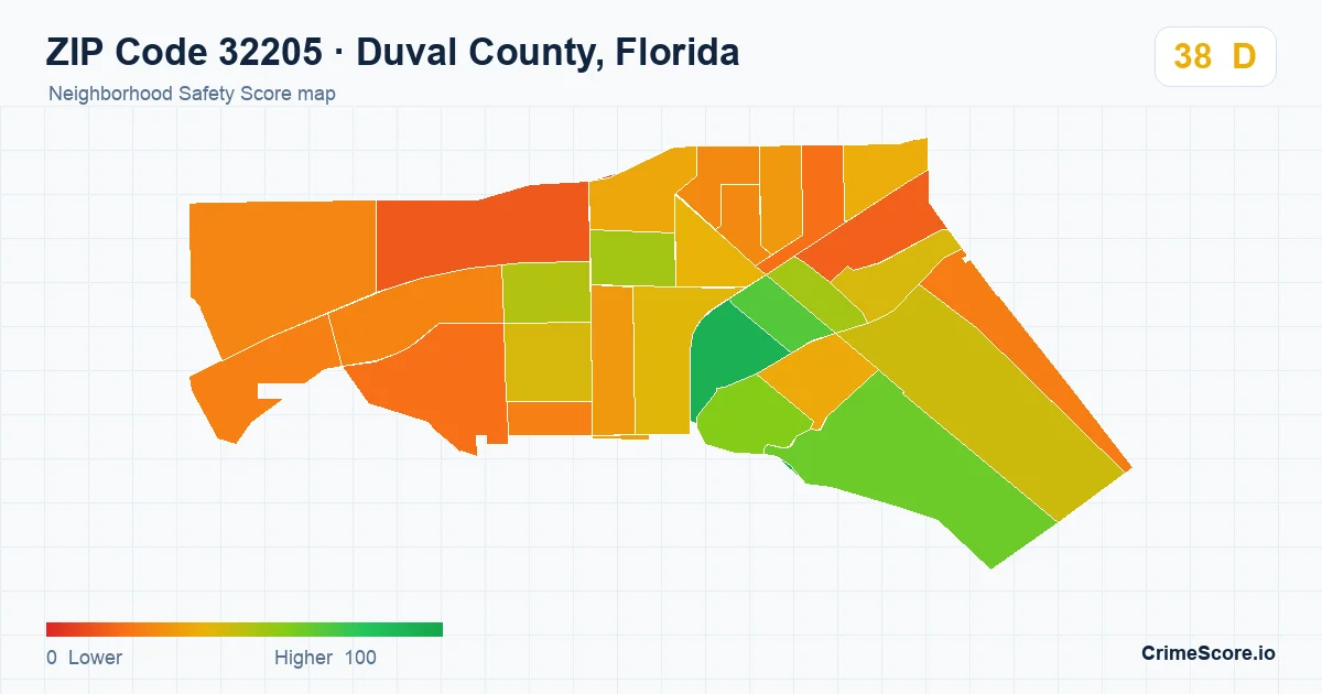ZIP Code 32205 in Duval County, Florida neighborhood Safety Score map