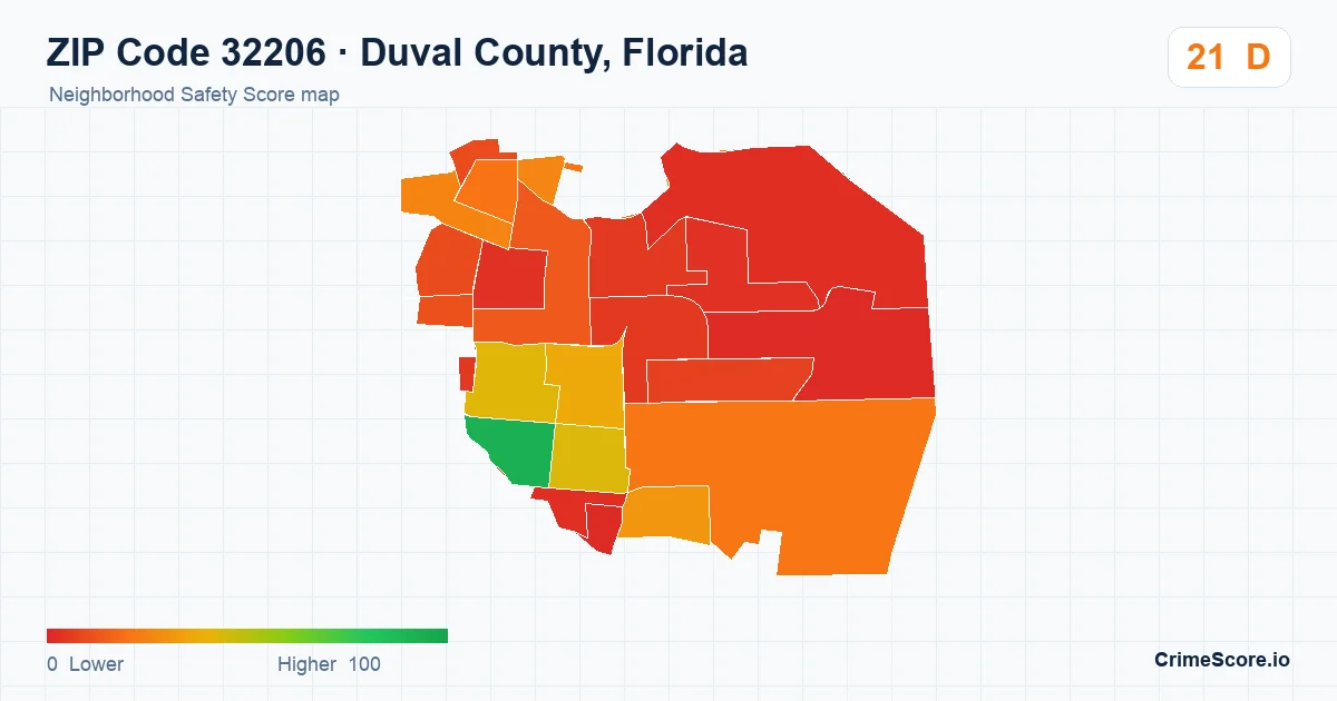 ZIP Code 32206 in Duval County, Florida neighborhood Safety Score map