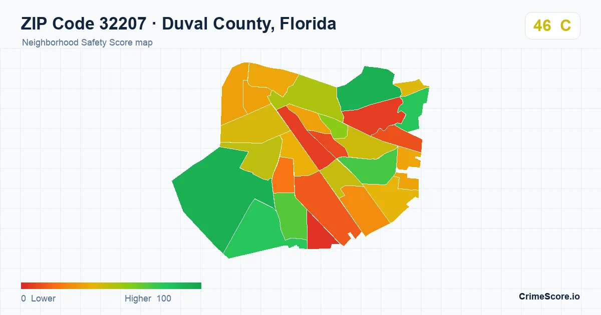 ZIP Code 32207 in Duval County, Florida neighborhood Safety Score map