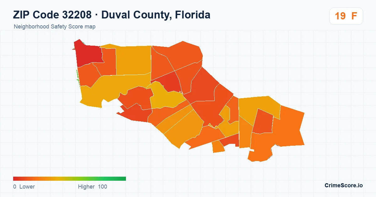 ZIP Code 32208 in Duval County, Florida neighborhood Safety Score map