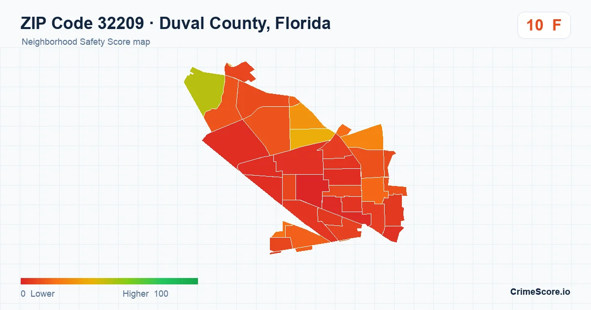 ZIP Code 32209 in Duval County, Florida neighborhood Safety Score map