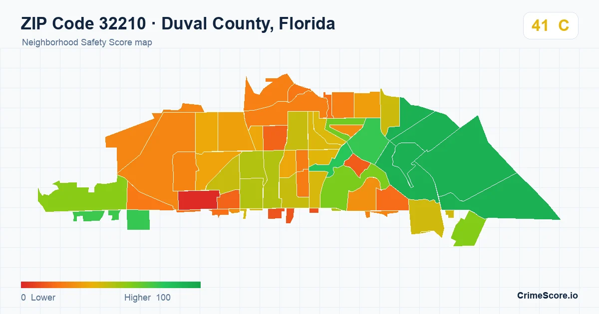 ZIP Code 32210 in Duval County, Florida neighborhood Safety Score map