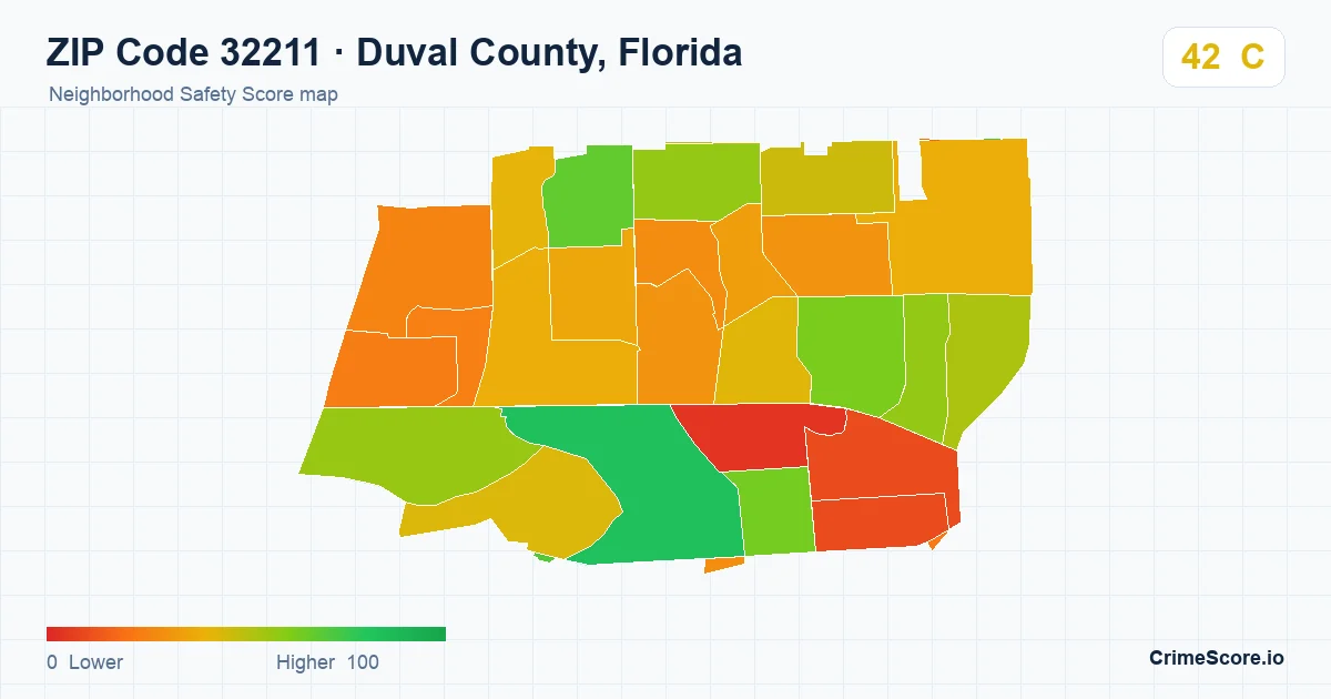 ZIP Code 32211 in Duval County, Florida neighborhood Safety Score map