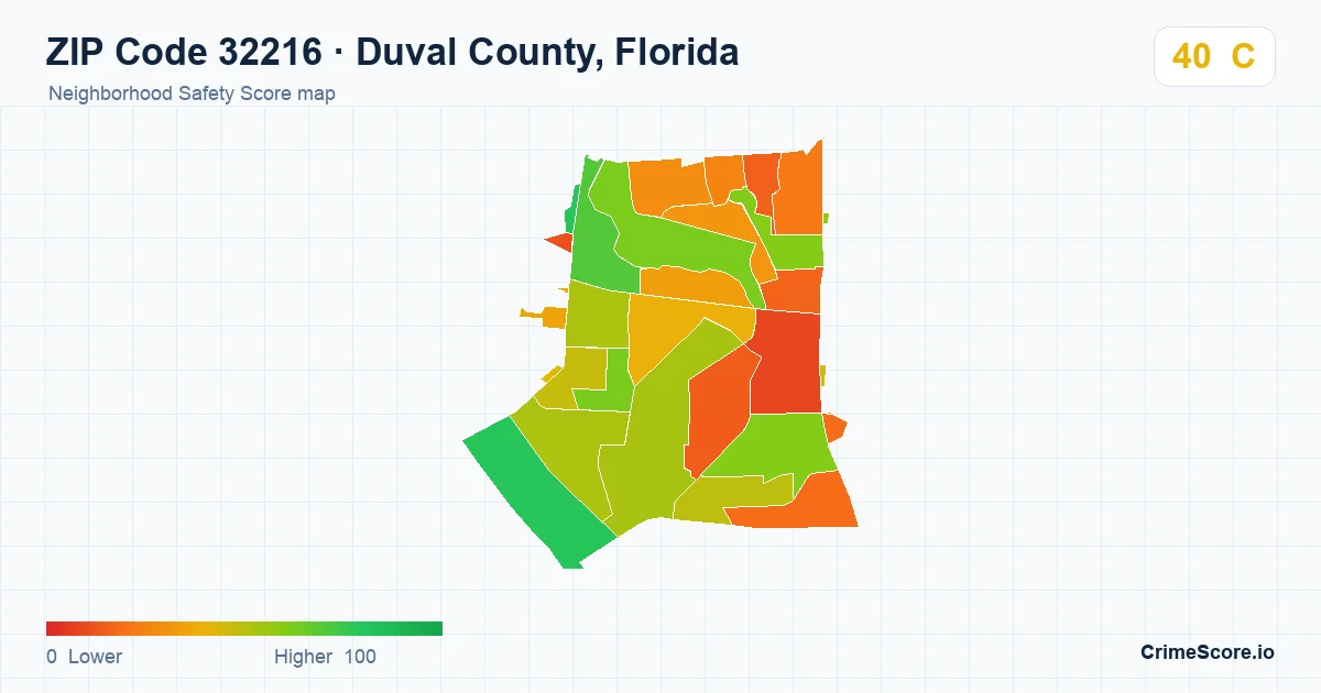 ZIP Code 32216 in Duval County, Florida neighborhood Safety Score map
