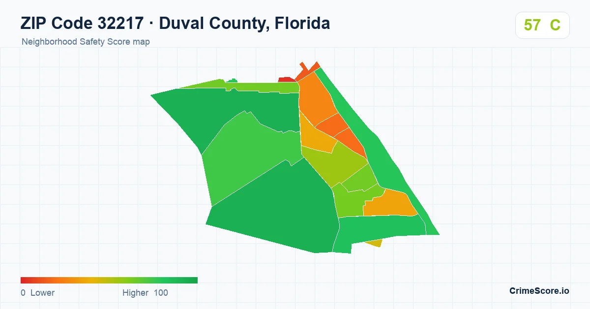 ZIP Code 32217 in Duval County, Florida neighborhood Safety Score map