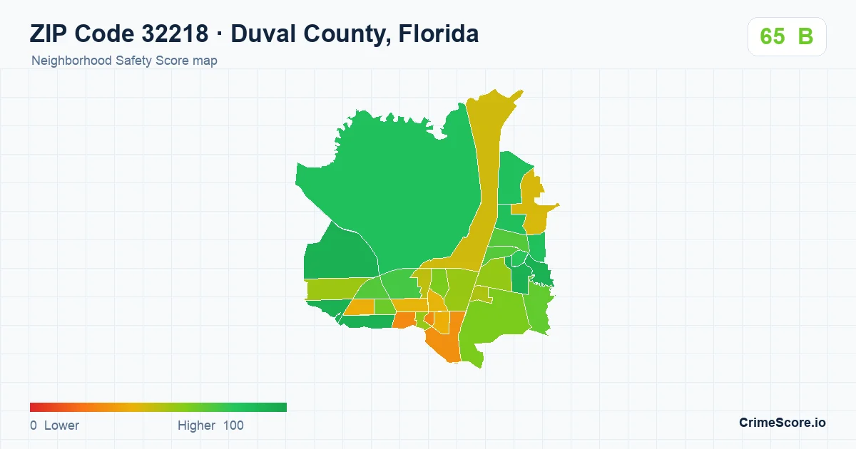 ZIP Code 32218 in Duval County, Florida neighborhood Safety Score map