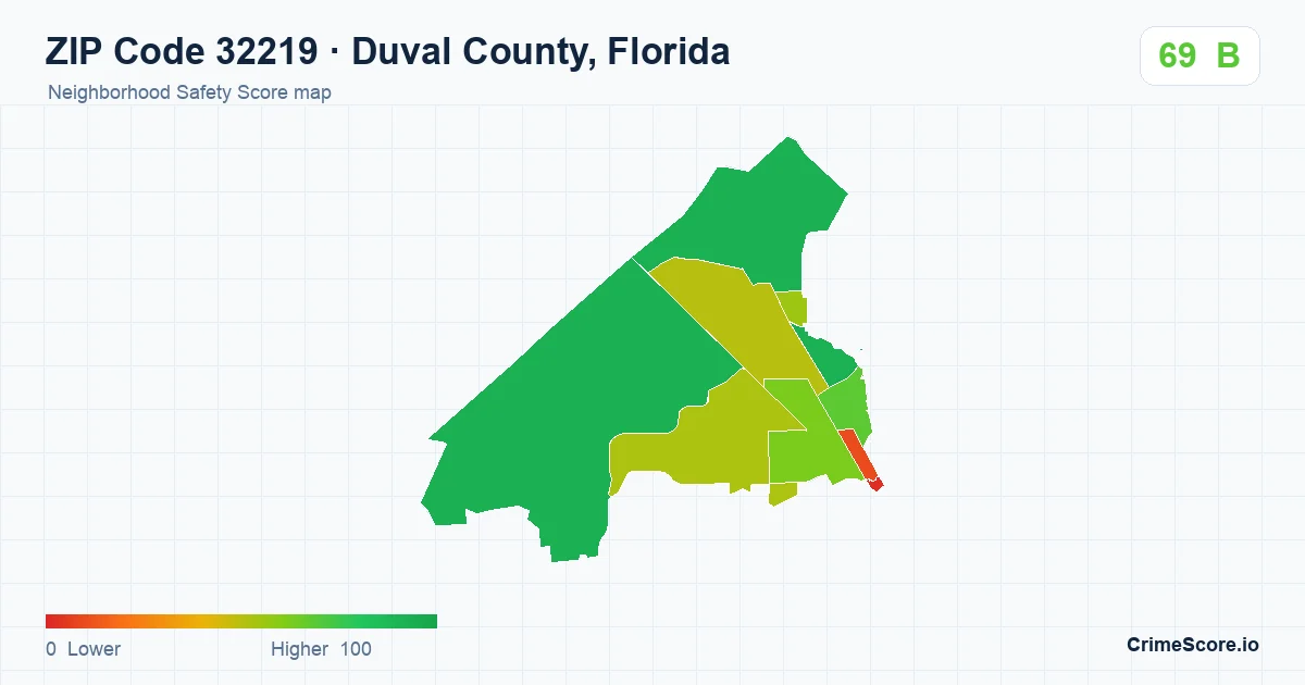ZIP Code 32219 in Duval County, Florida neighborhood Safety Score map