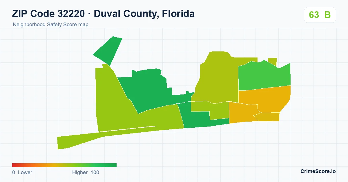ZIP Code 32220 in Duval County, Florida neighborhood Safety Score map
