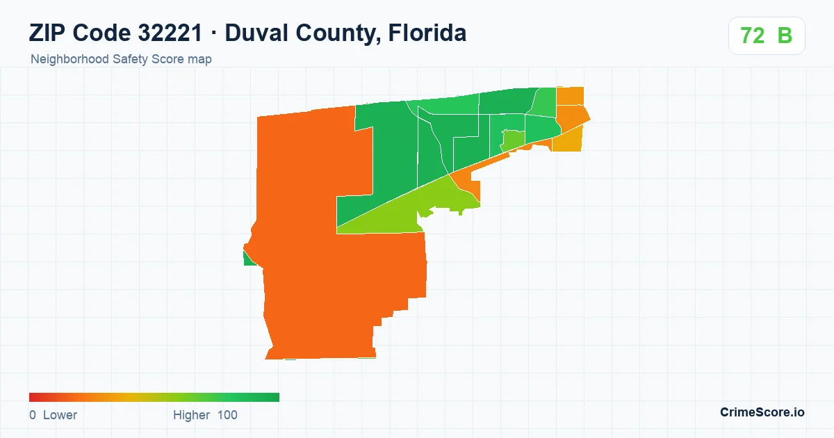 ZIP Code 32221 in Duval County, Florida neighborhood Safety Score map