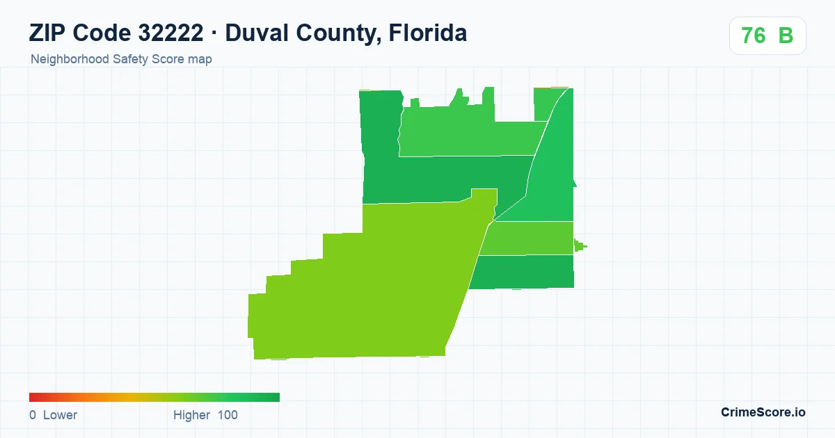 ZIP Code 32222 in Duval County, Florida neighborhood Safety Score map