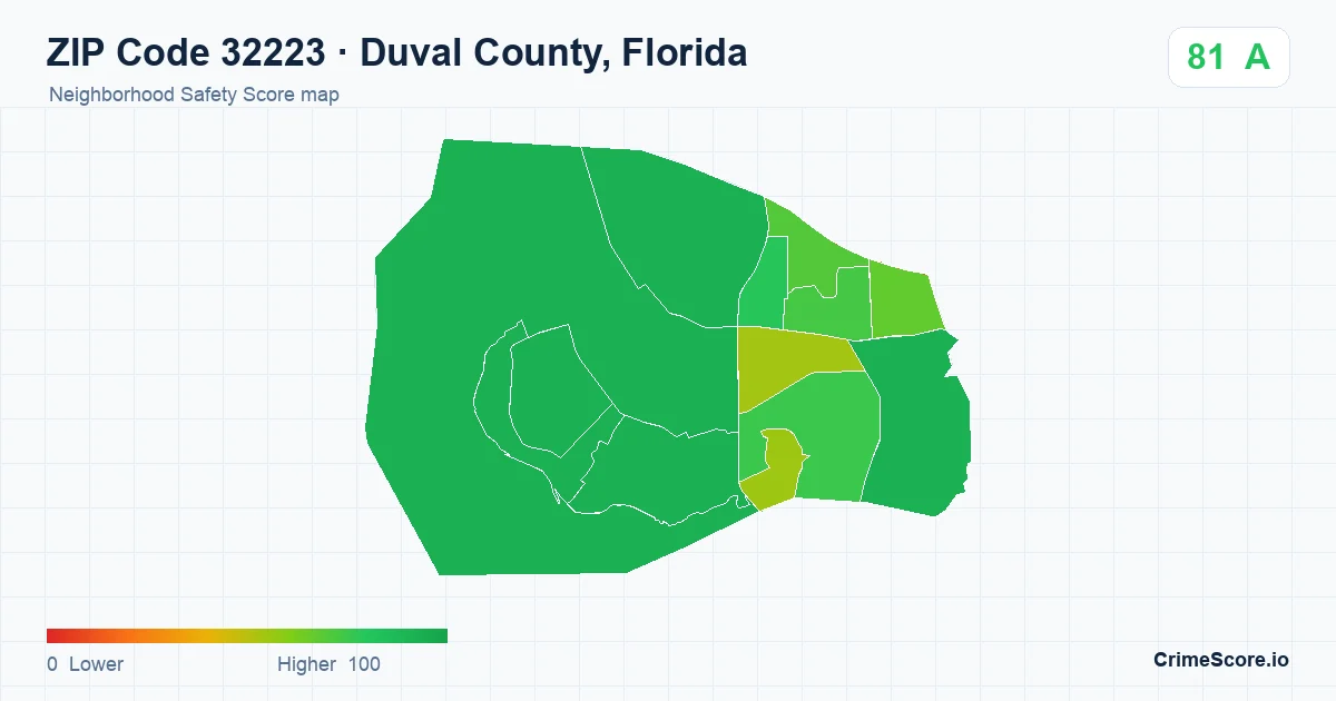 ZIP Code 32223 in Duval County, Florida neighborhood Safety Score map