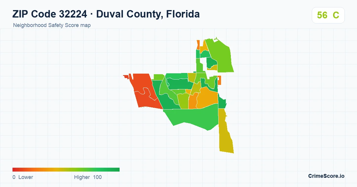 ZIP Code 32224 in Duval County, Florida neighborhood Safety Score map