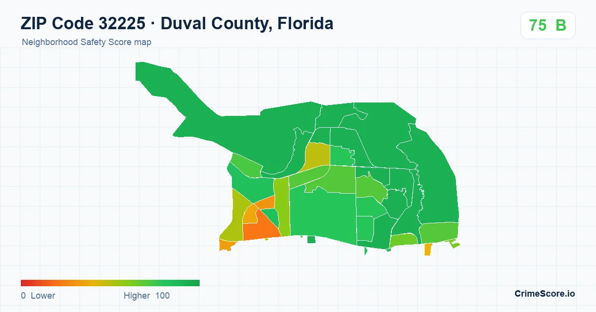 ZIP Code 32225 in Duval County, Florida neighborhood Safety Score map