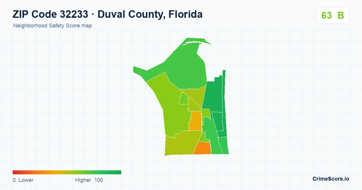 ZIP Code 32233 in Duval County, Florida neighborhood Safety Score map