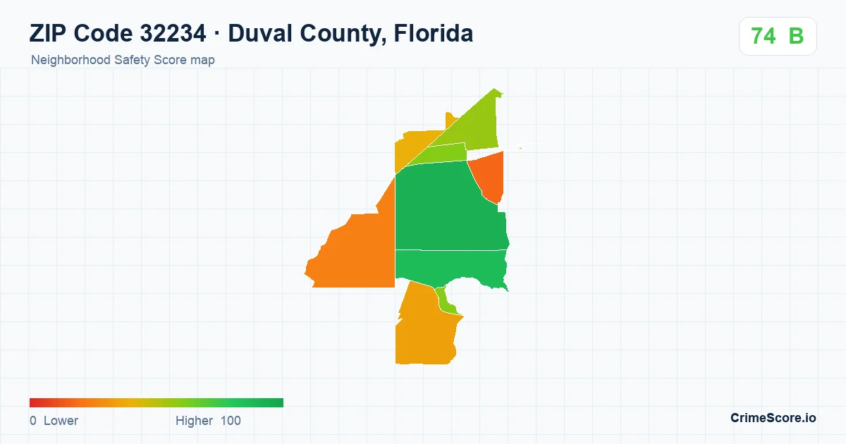 ZIP Code 32234 in Duval County, Florida neighborhood Safety Score map