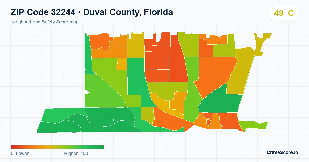 ZIP Code 32244 in Duval County, Florida neighborhood Safety Score map