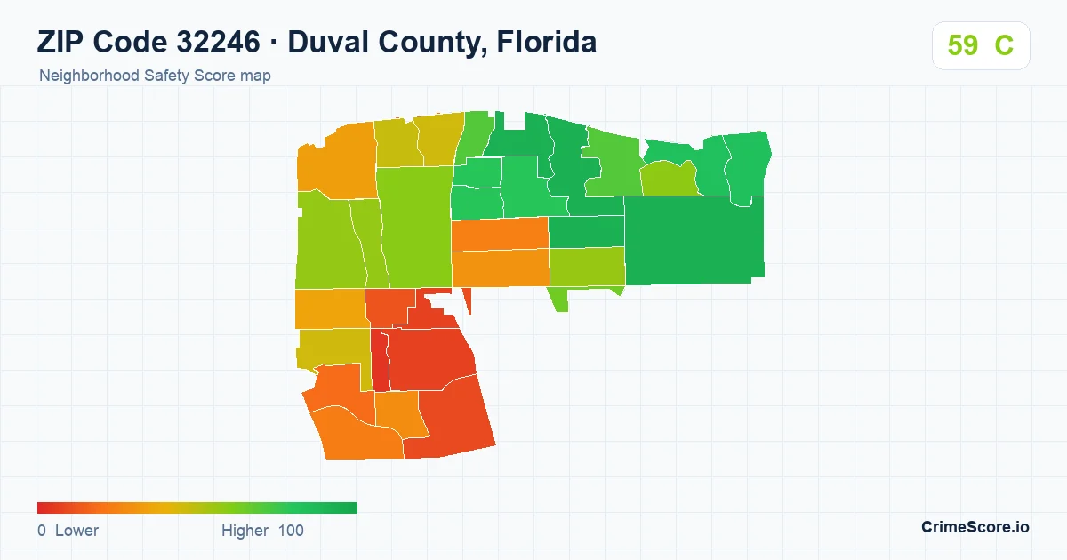 ZIP Code 32246 in Duval County, Florida neighborhood Safety Score map