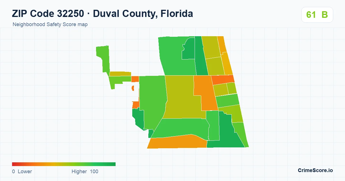 ZIP Code 32250 in Duval County, Florida neighborhood Safety Score map