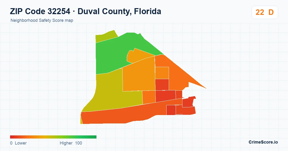 ZIP Code 32254 in Duval County, Florida neighborhood Safety Score map