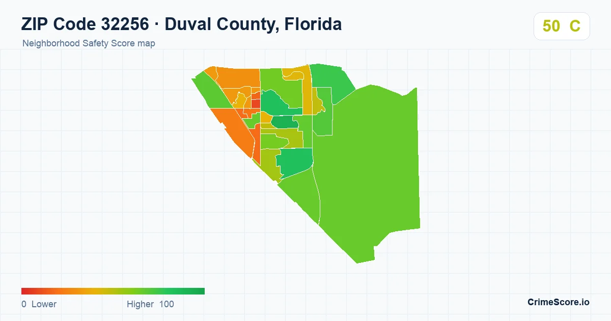 ZIP Code 32256 in Duval County, Florida neighborhood Safety Score map
