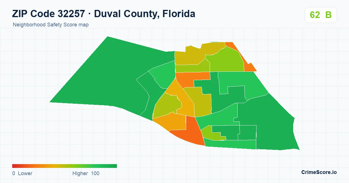 ZIP Code 32257 in Duval County, Florida neighborhood Safety Score map