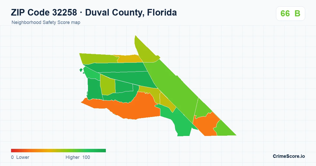 ZIP Code 32258 in Duval County, Florida neighborhood Safety Score map