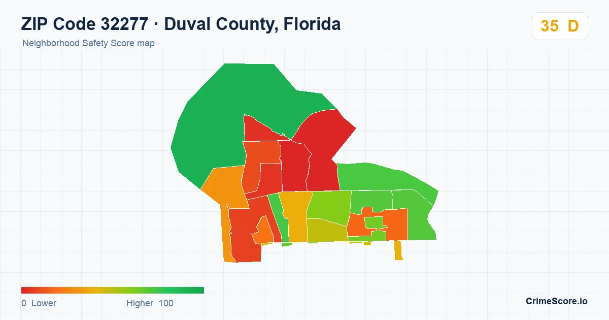 ZIP Code 32277 in Duval County, Florida neighborhood Safety Score map