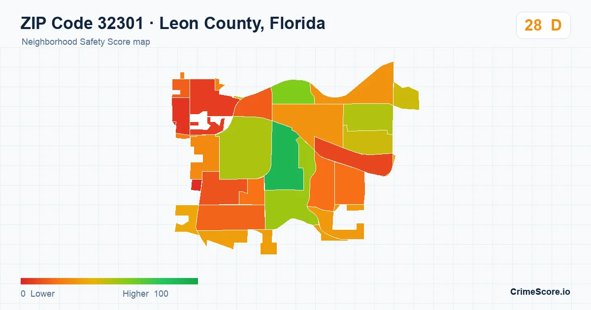 ZIP Code 32301 in Leon County, Florida neighborhood Safety Score map