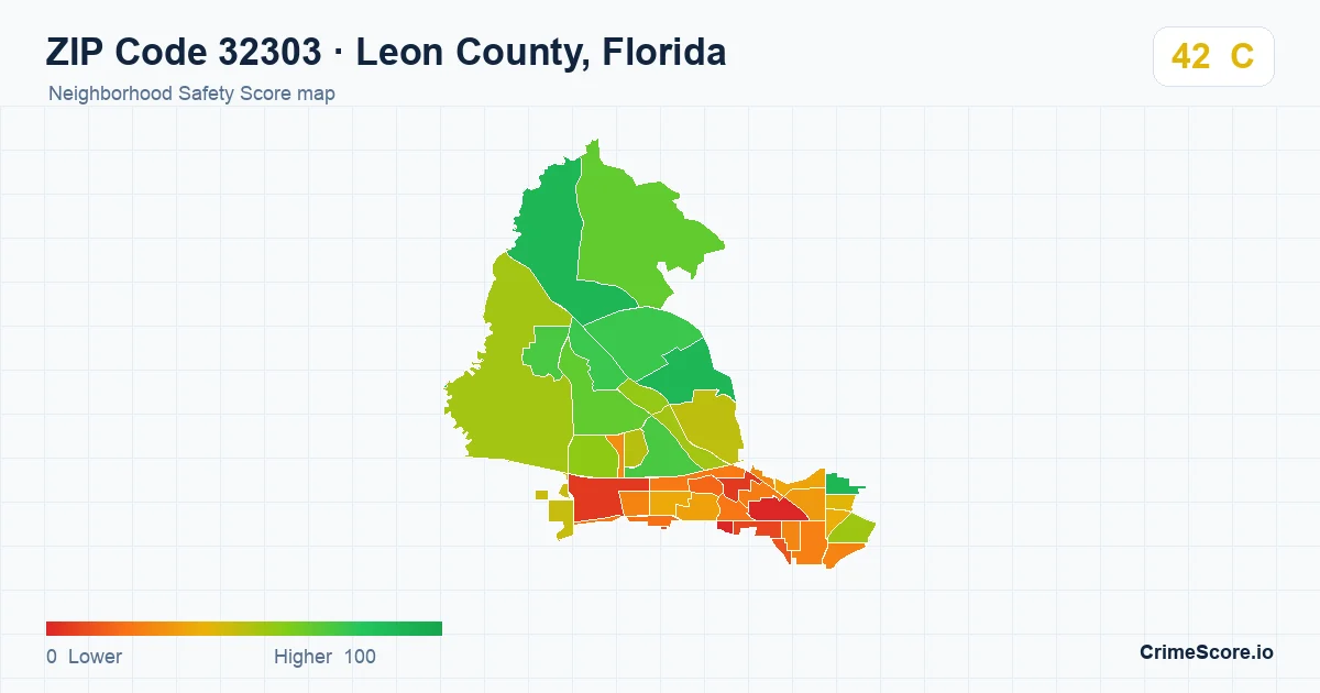 ZIP Code 32303 in Leon County, Florida neighborhood Safety Score map