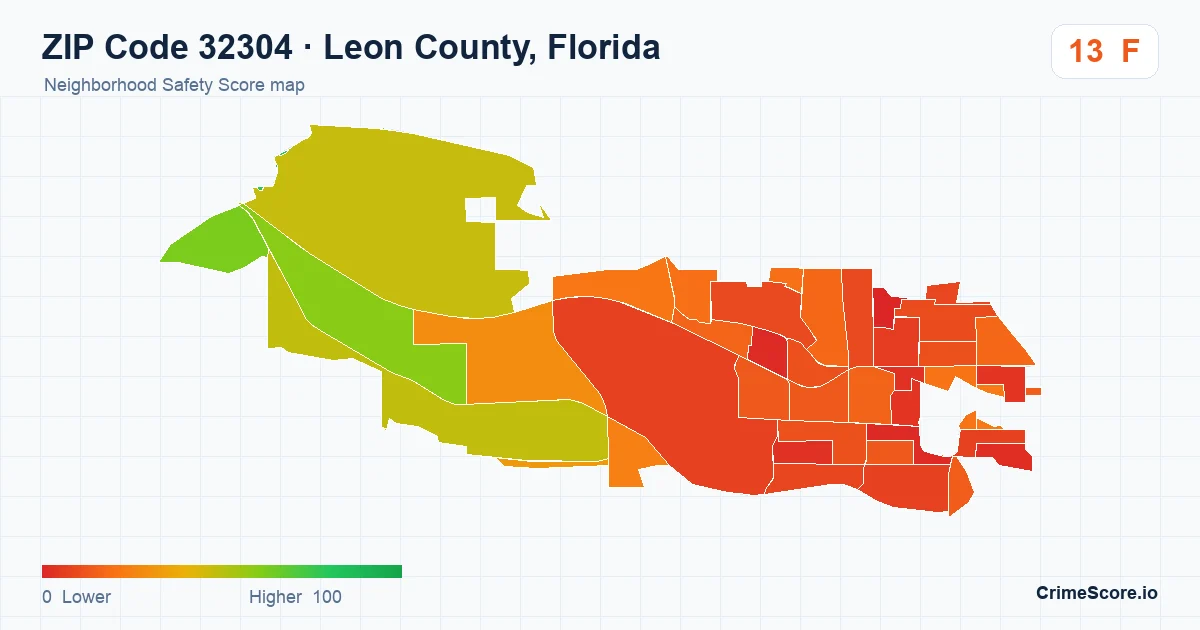ZIP Code 32304 in Leon County, Florida neighborhood Safety Score map