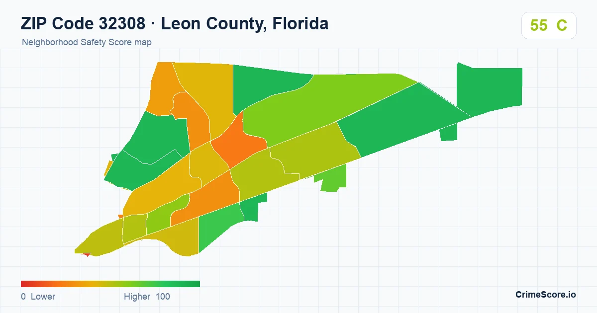 ZIP Code 32308 in Leon County, Florida neighborhood Safety Score map