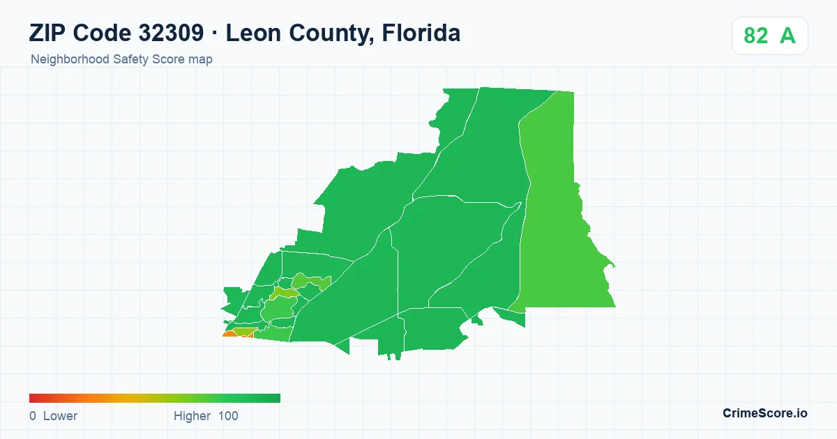 ZIP Code 32309 in Leon County, Florida neighborhood Safety Score map