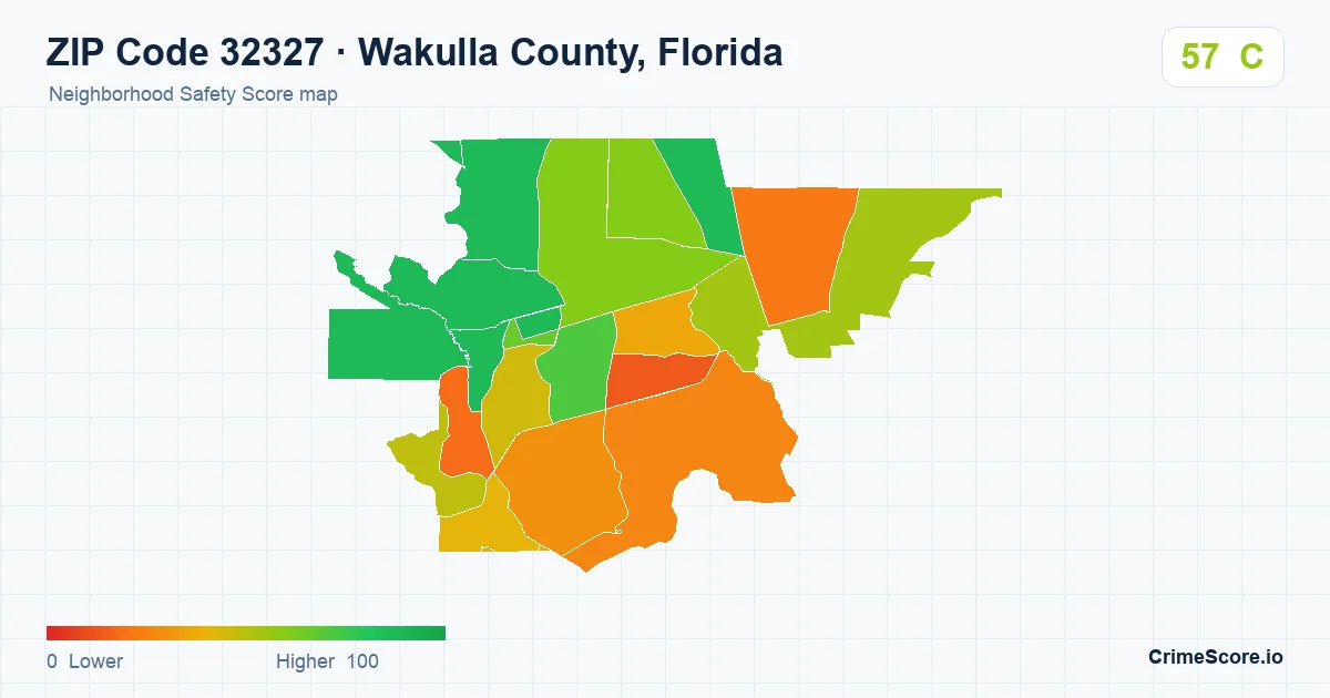 ZIP Code 32327 in Wakulla County, Florida neighborhood Safety Score map