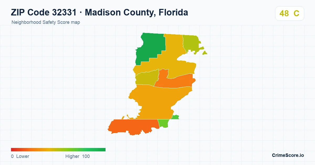 ZIP Code 32331 in Madison County, Florida neighborhood Safety Score map