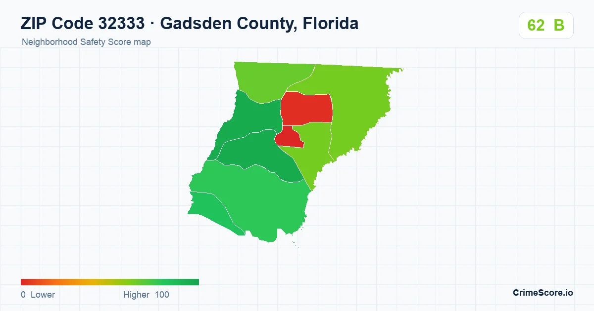 ZIP Code 32333 in Gadsden County, Florida neighborhood Safety Score map