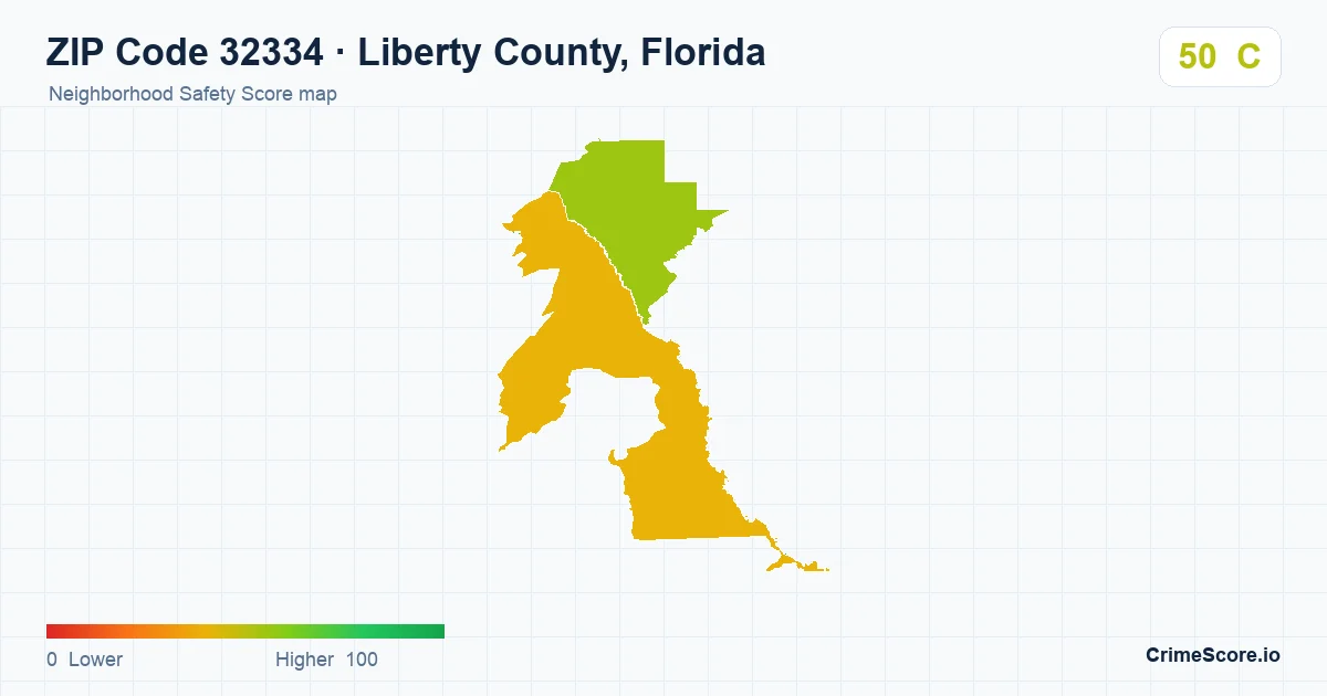 ZIP Code 32334 in Liberty County, Florida neighborhood Safety Score map