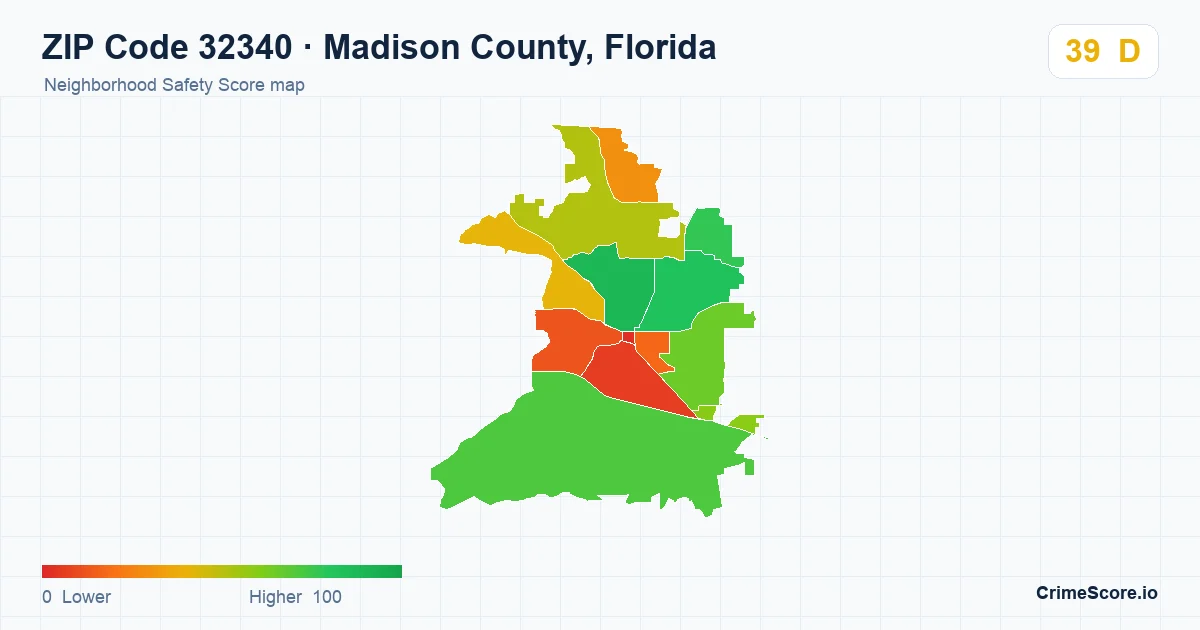 ZIP Code 32340 in Madison County, Florida neighborhood Safety Score map