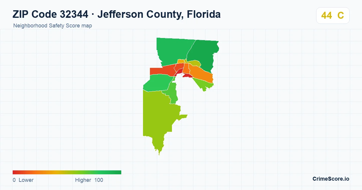 ZIP Code 32344 in Jefferson County, Florida neighborhood Safety Score map