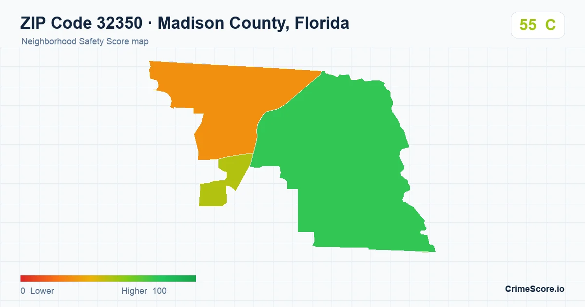 ZIP Code 32350 in Madison County, Florida neighborhood Safety Score map