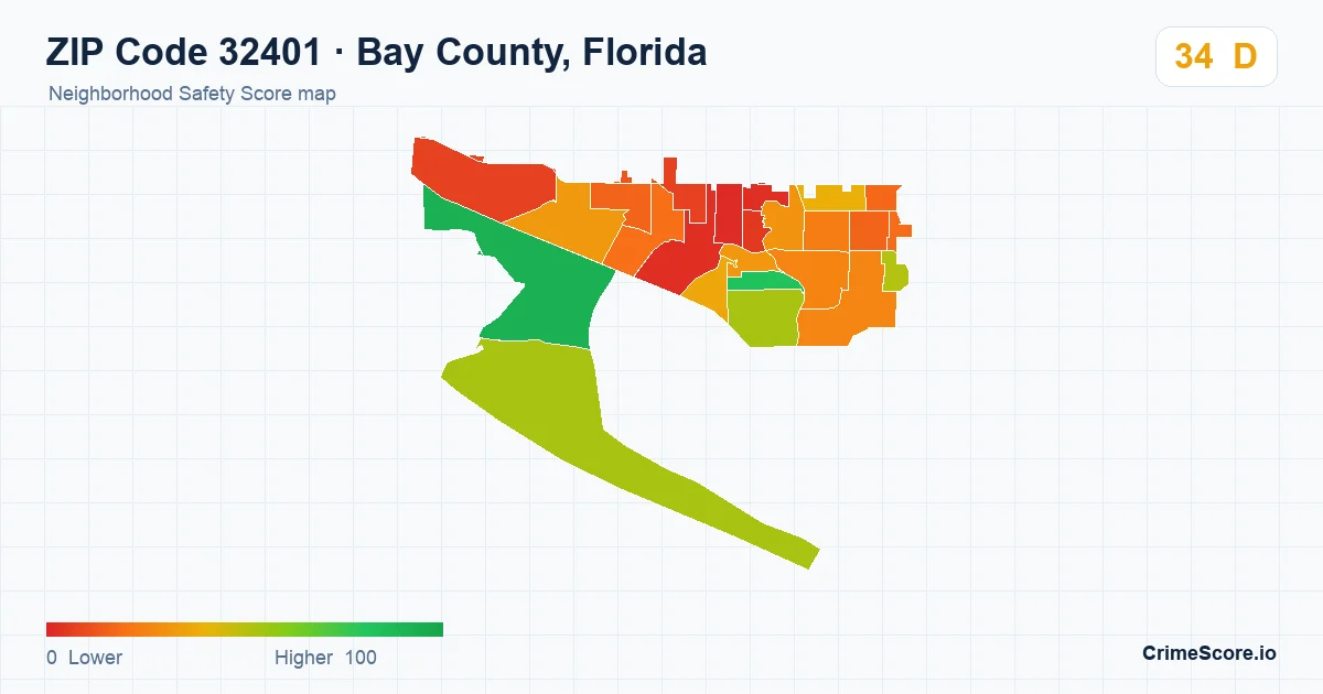 ZIP Code 32401 in Bay County, Florida neighborhood Safety Score map
