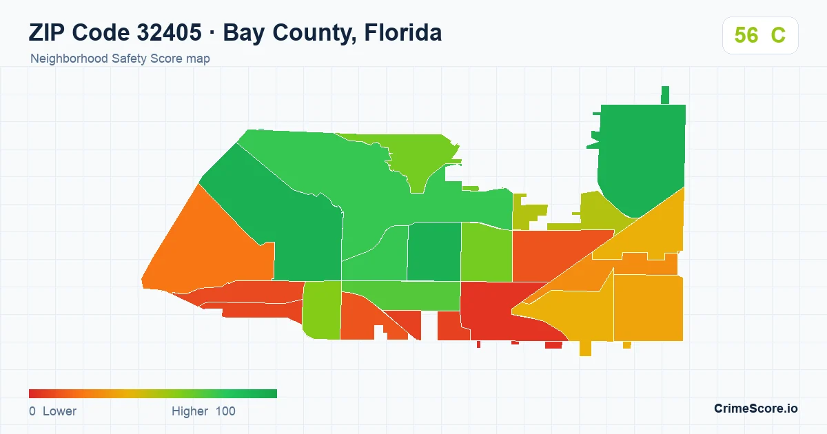 ZIP Code 32405 in Bay County, Florida neighborhood Safety Score map