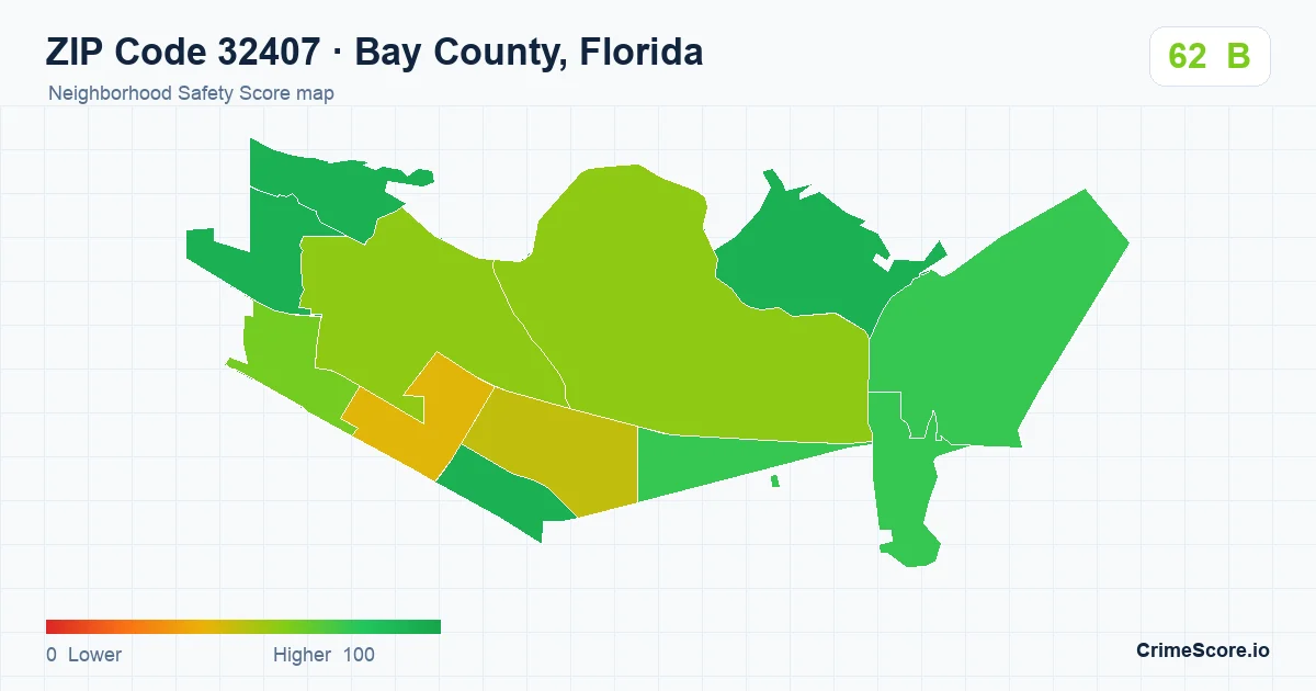 ZIP Code 32407 in Bay County, Florida neighborhood Safety Score map
