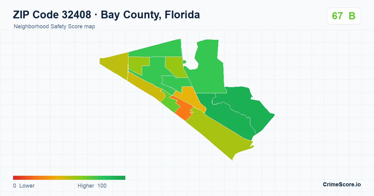 ZIP Code 32408 in Bay County, Florida neighborhood Safety Score map