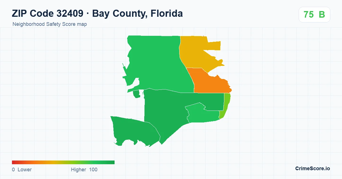 ZIP Code 32409 in Bay County, Florida neighborhood Safety Score map