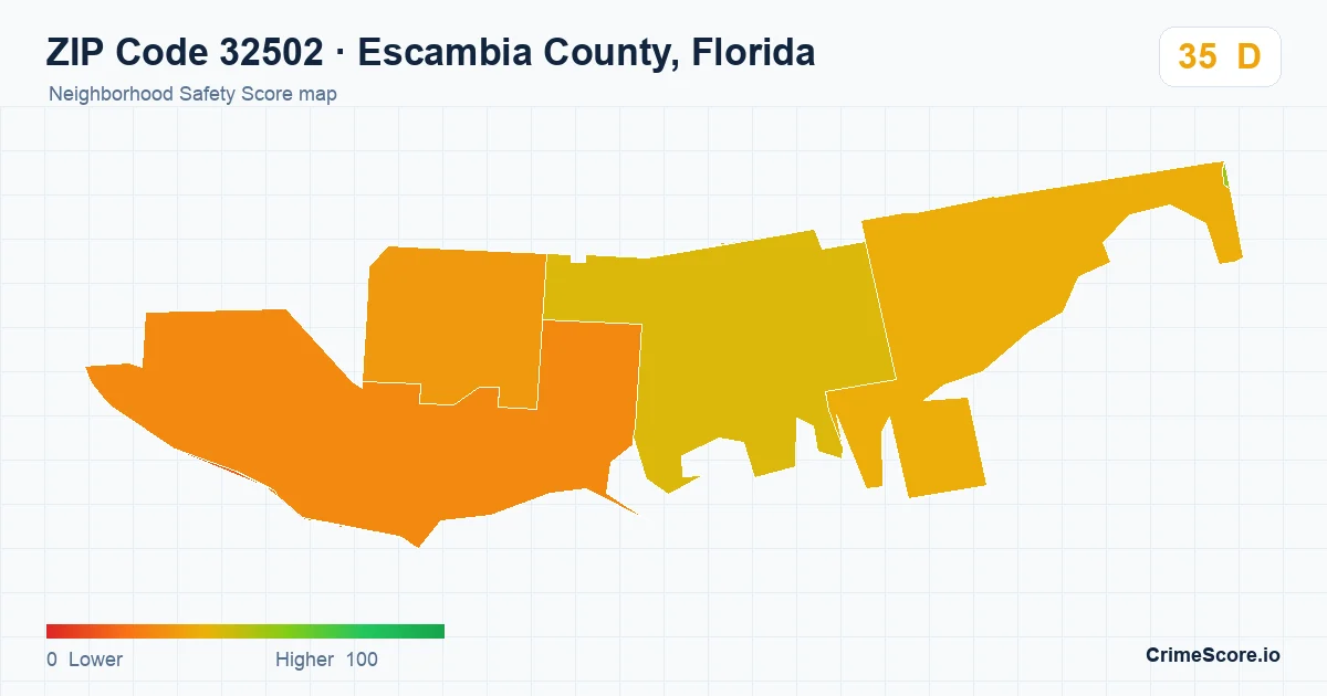 ZIP Code 32502 in Escambia County, Florida neighborhood Safety Score map