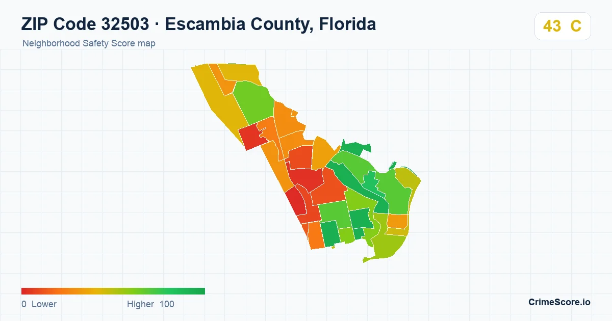 ZIP Code 32503 in Escambia County, Florida neighborhood Safety Score map