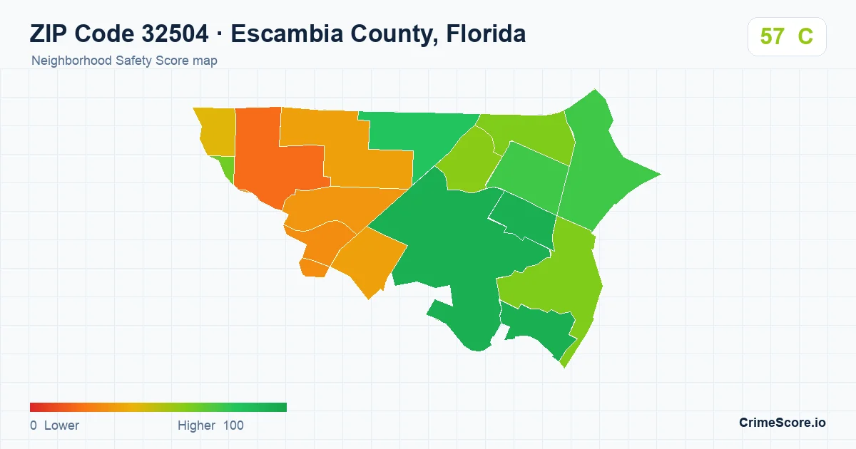 ZIP Code 32504 in Escambia County, Florida neighborhood Safety Score map